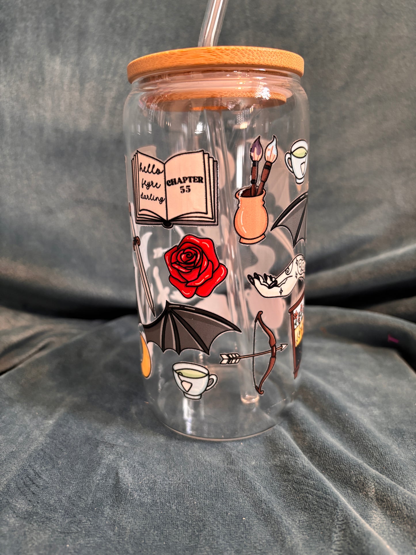ACOTAR themed Libby glass with bamboo lid and glass straw