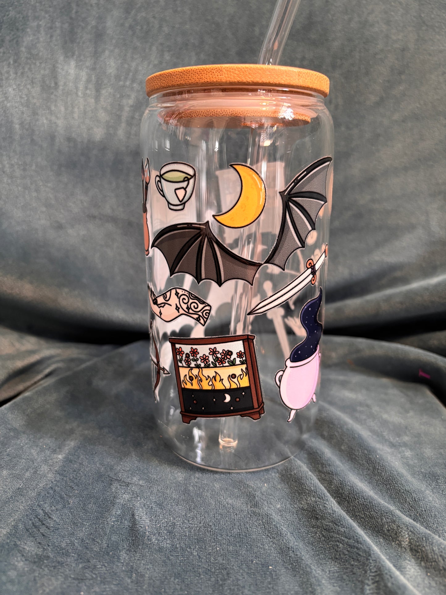 ACOTAR themed Libby glass with bamboo lid and glass straw
