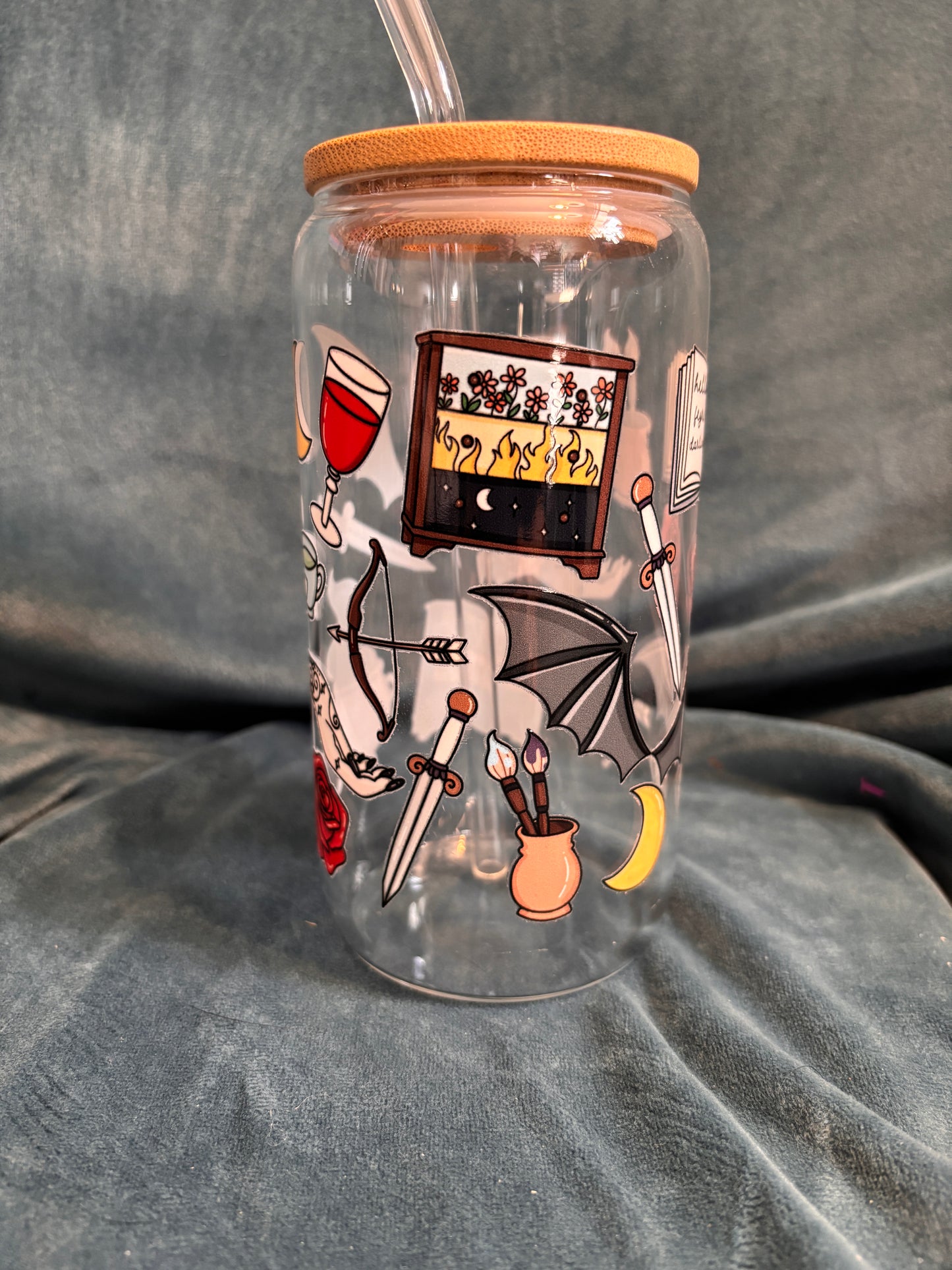 ACOTAR themed Libby glass with bamboo lid and glass straw
