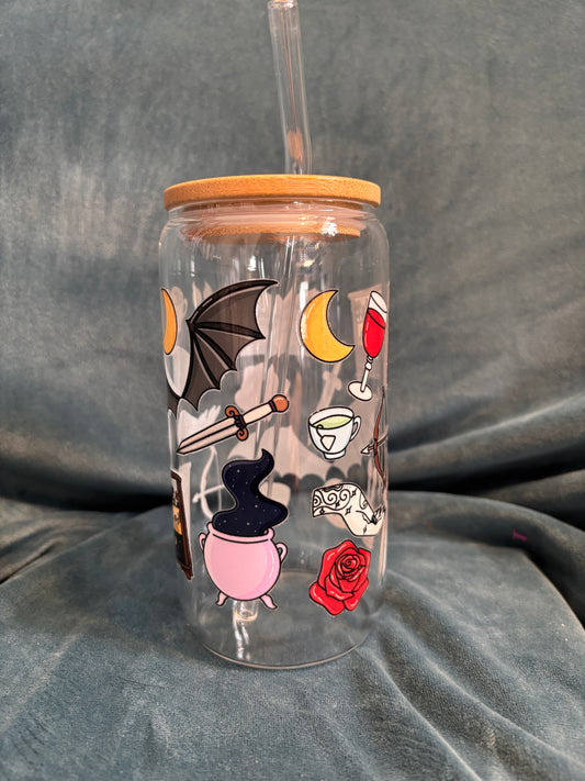 ACOTAR themed Libby glass with bamboo lid and glass straw